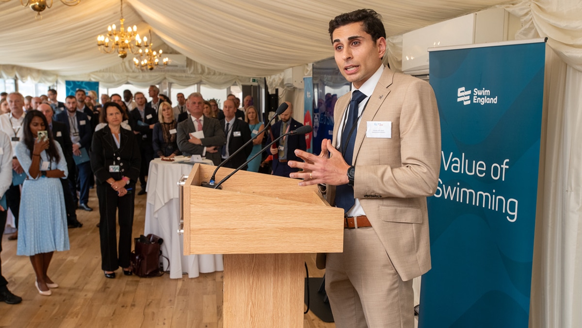 Dr Hussain Al-Zubaidi speaking at the parliamentary reception for Swim England's Value of Swimming report launch