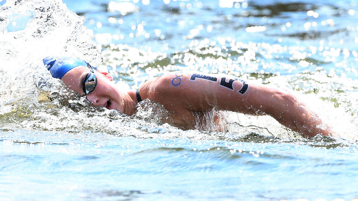 Keri-anne Payne competing in open water swimming at the London 2012 Olympics